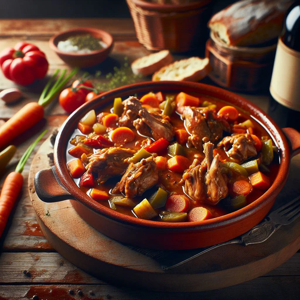 Cuban rabbit stew simmered in a tomato and pepper sauce, garnished with coriander