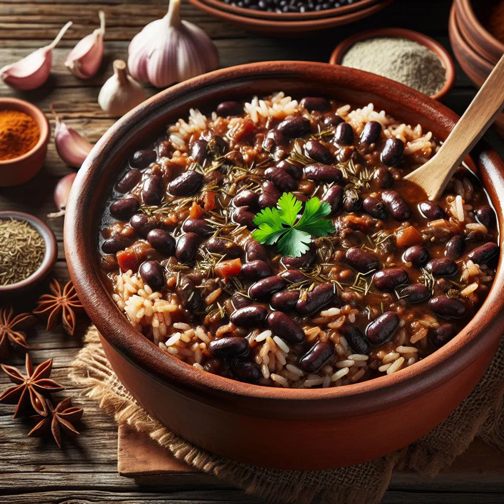 Bowl of Cuban congrí oriental rice and beans garnished with fresh coriander