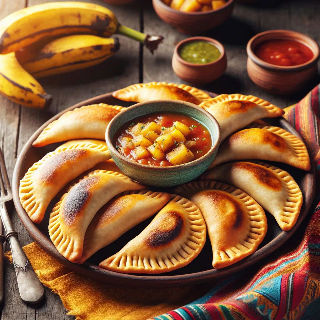 Golden fried plantain empanadas filled with cheese on a plate