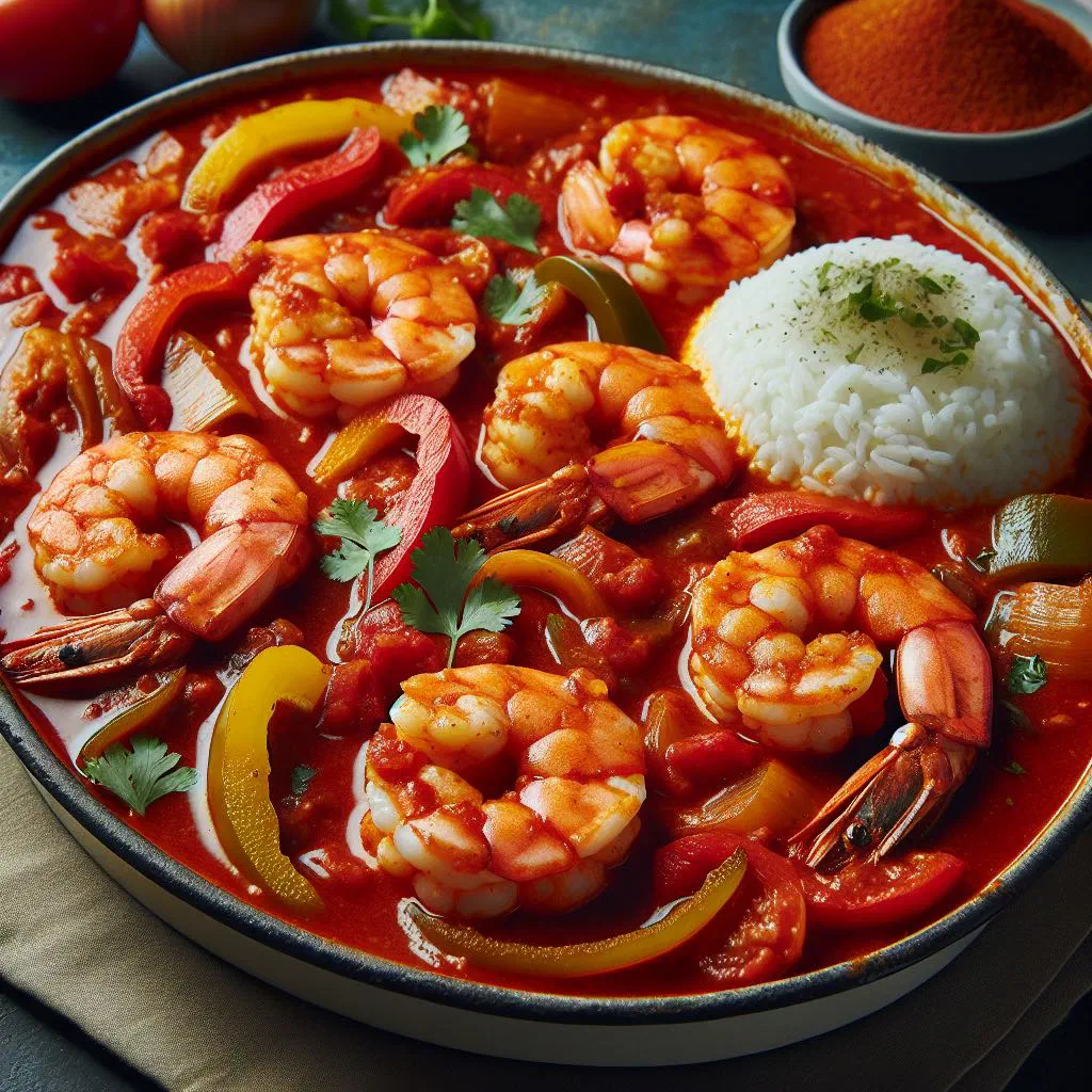Cuban enchilado de camarones with prawns in spicy tomato sauce