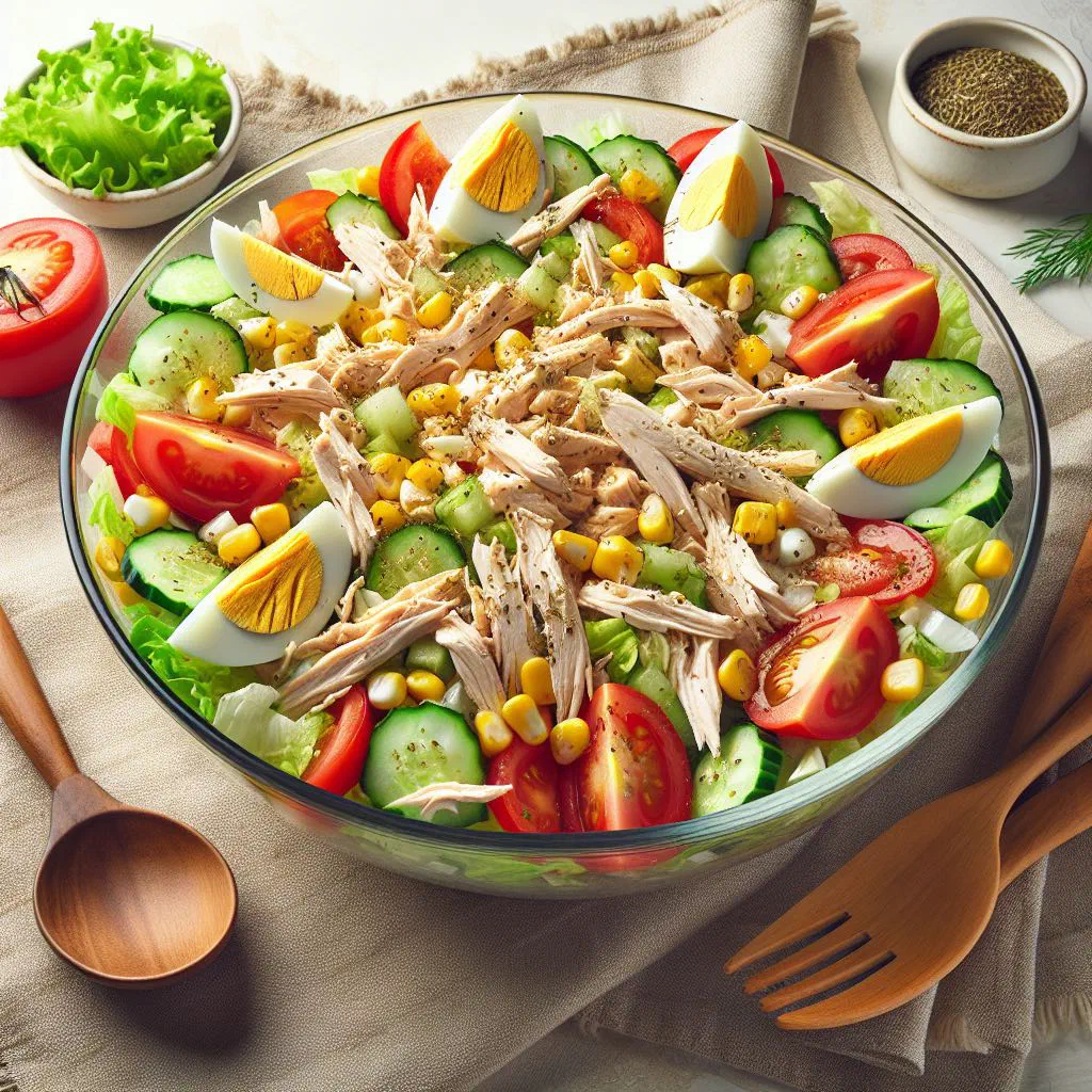 Cuban chicken salad with avocado, peppers and fresh herbs in a bowl