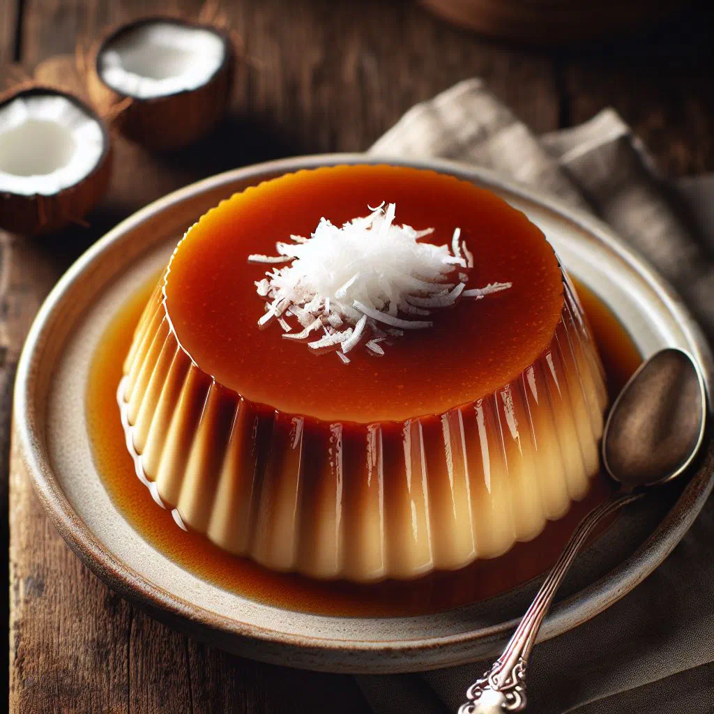Coconut flan turned out onto a plate with golden caramel sauce