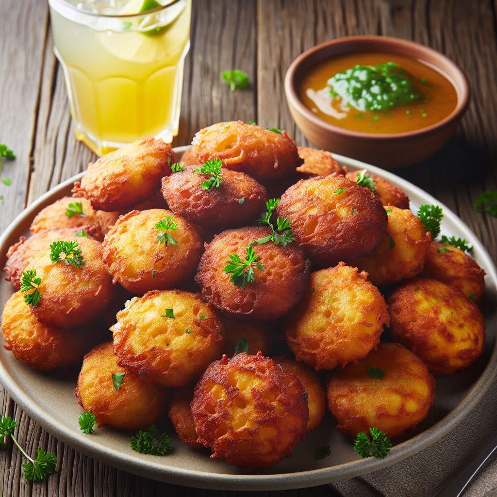 Golden, crispy malanga fritters piled on a plate with lime wedges