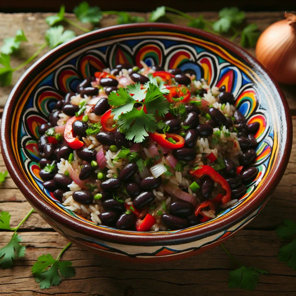 Cuban gallo pinto of rice and black beans garnished with fresh coriander