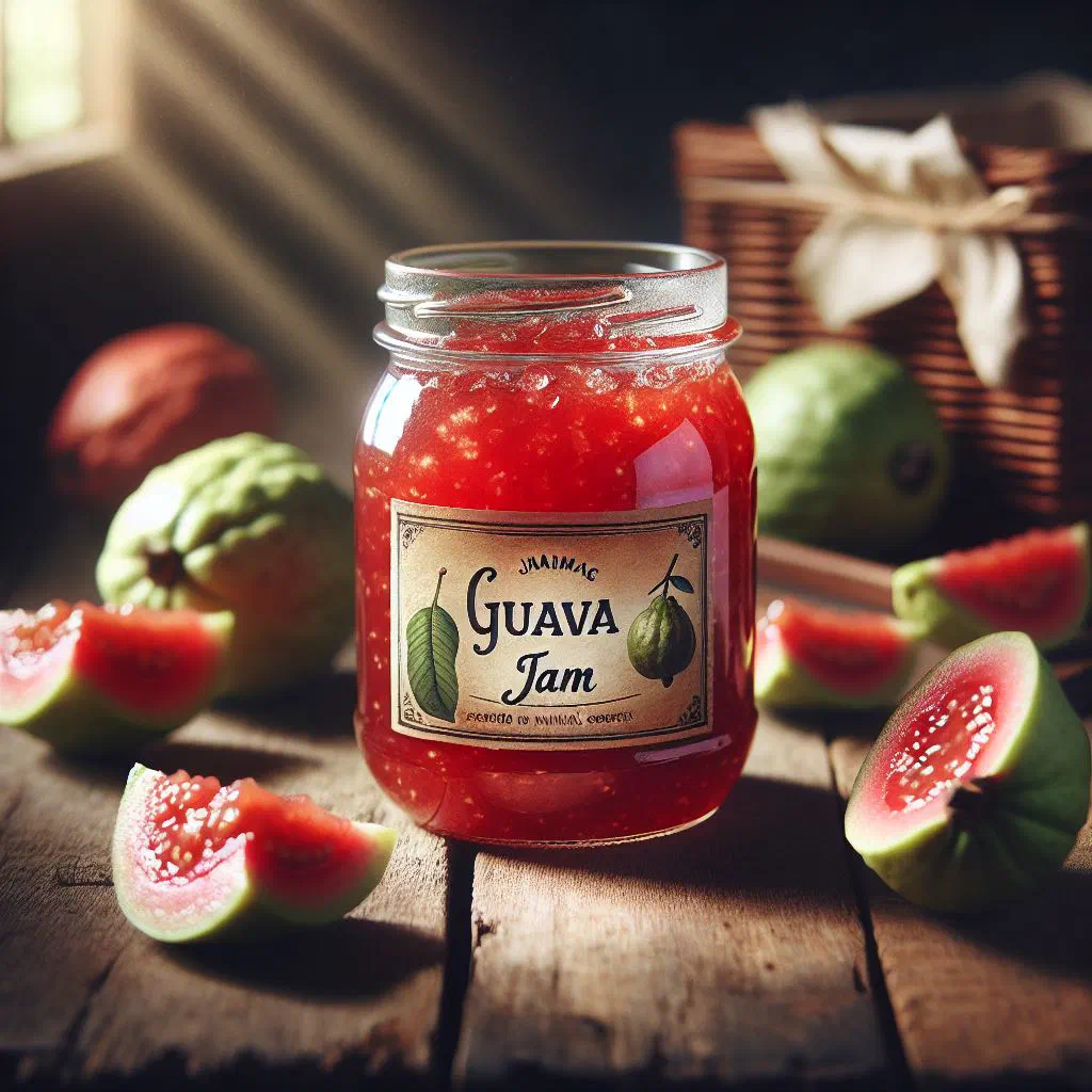 Jar of homemade Cuban guava jam with fresh guavas