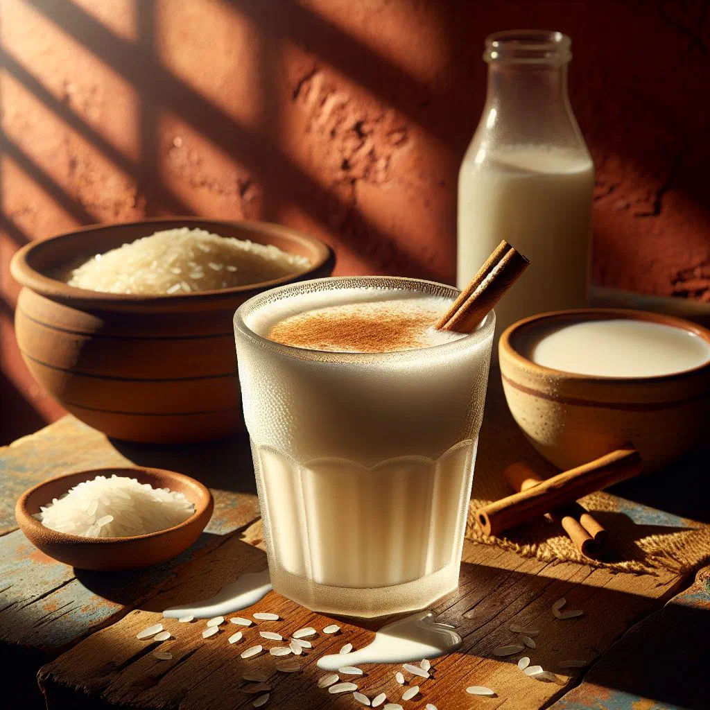 A tall glass of chilled horchata topped with a dusting of cinnamon