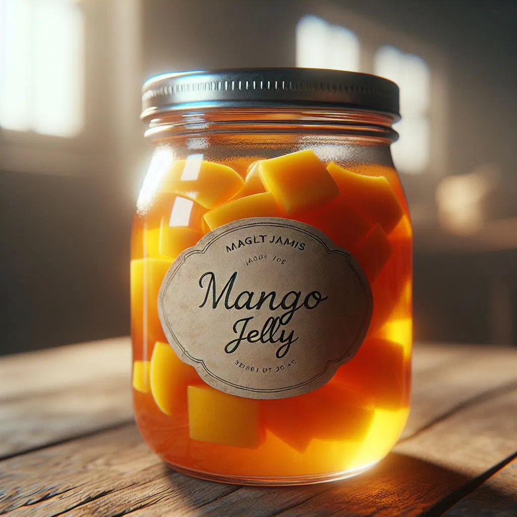 Glass of golden mango jelly garnished with fresh mint