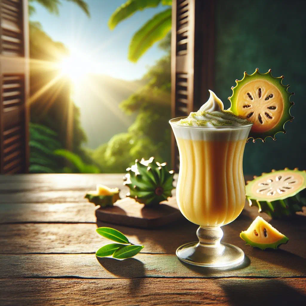 A chilled glass of creamy soursop juice garnished with fresh mint