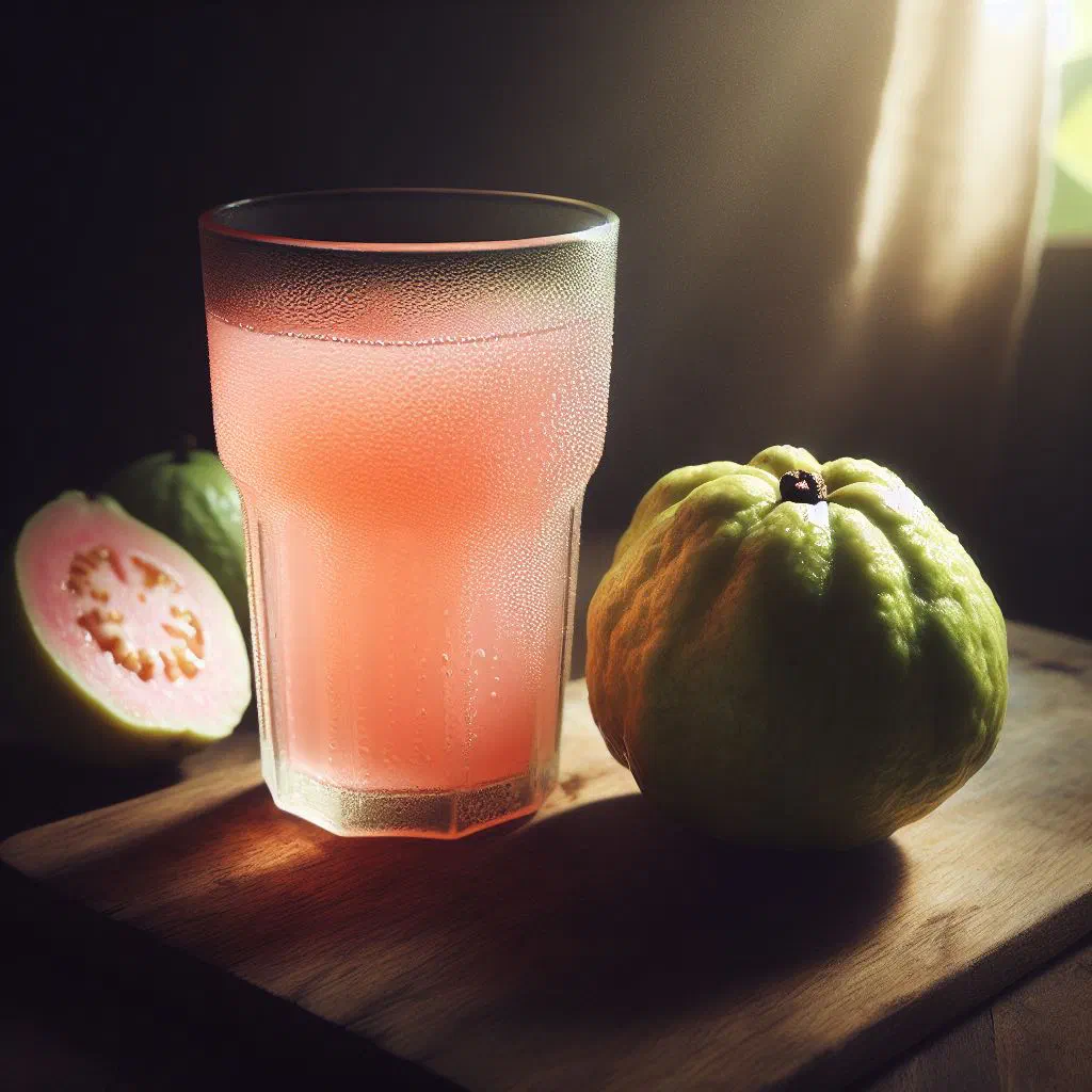 A glass of pink guava juice garnished with fresh mint and lime