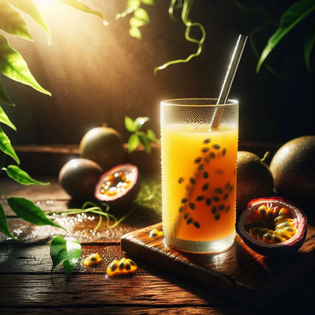A glass of chilled passion fruit juice garnished with a lime slice