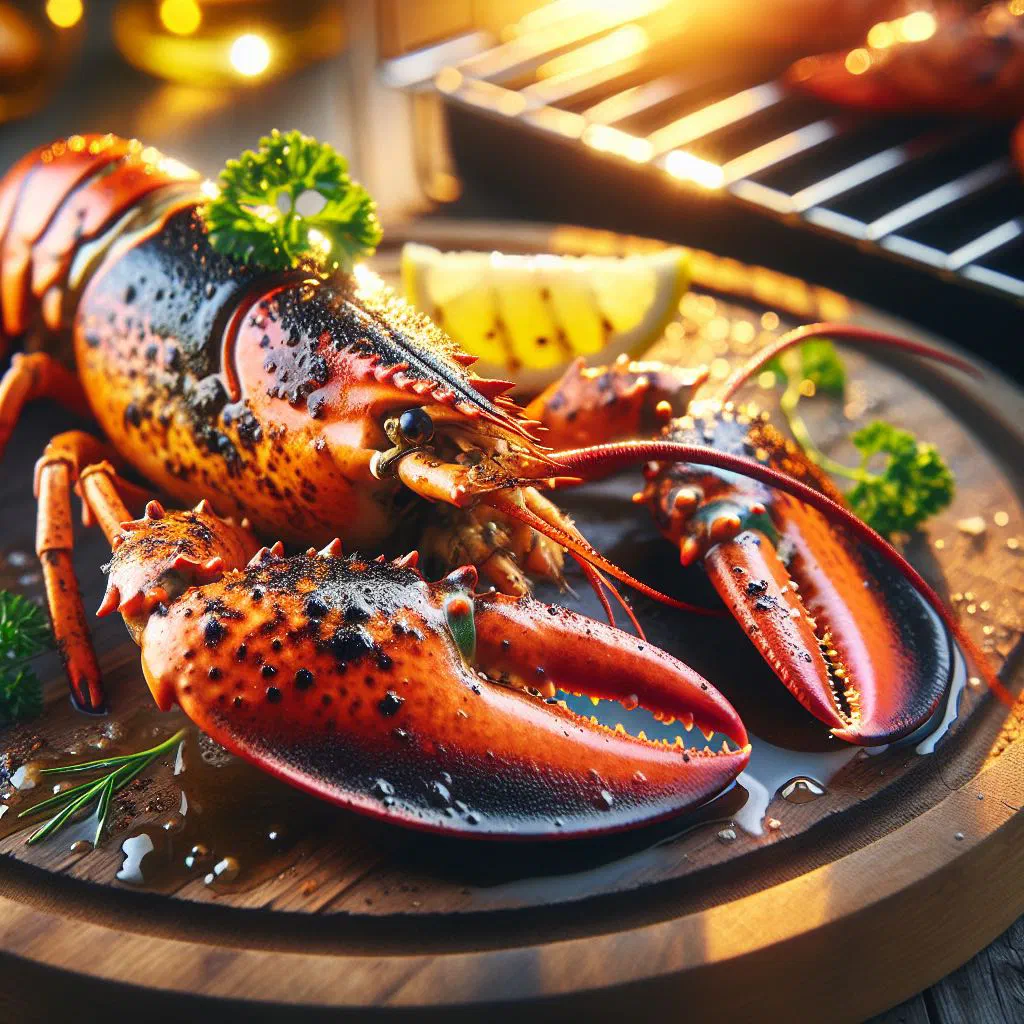 Grilled lobster tails glazed with lime and garlic, garnished with fresh herbs