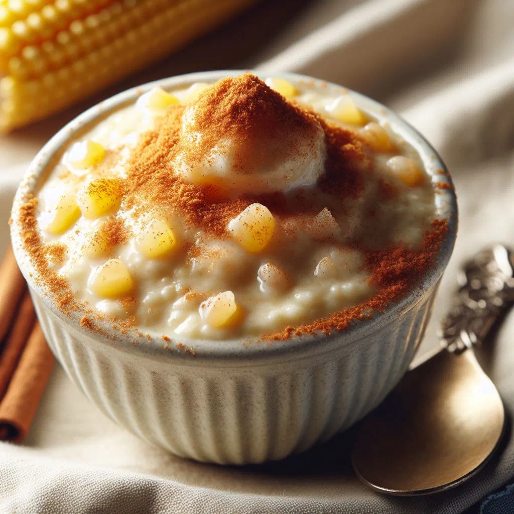 Creamy majarete pudding topped with grated coconut in a small dish