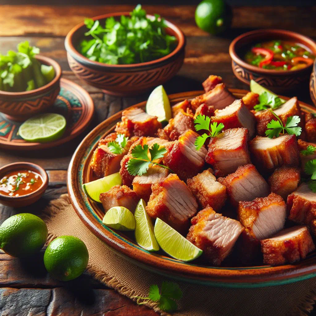 Golden crispy fried marinated pork chunks served on a plate with lime