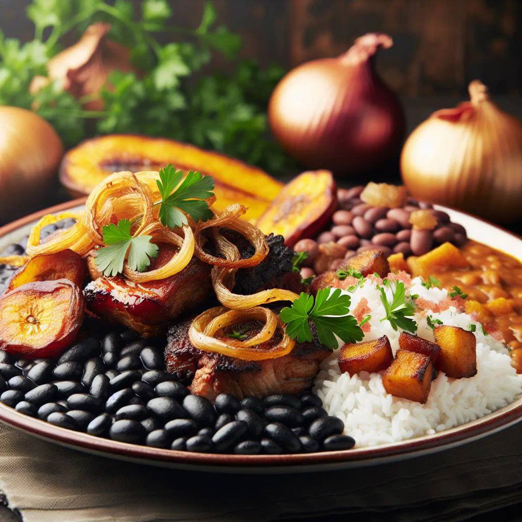 Golden fried Cuban pork chunks served with rice and black beans
