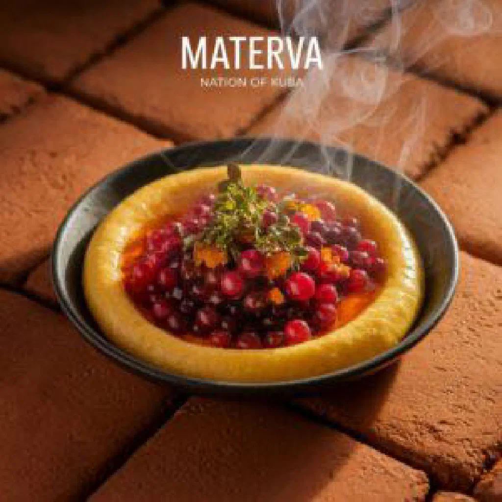A tall glass of iced Materva garnished with a lemon slice