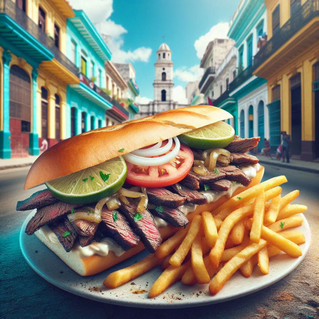 Cuban pan con bistec sandwich filled with steak, onions and tomato