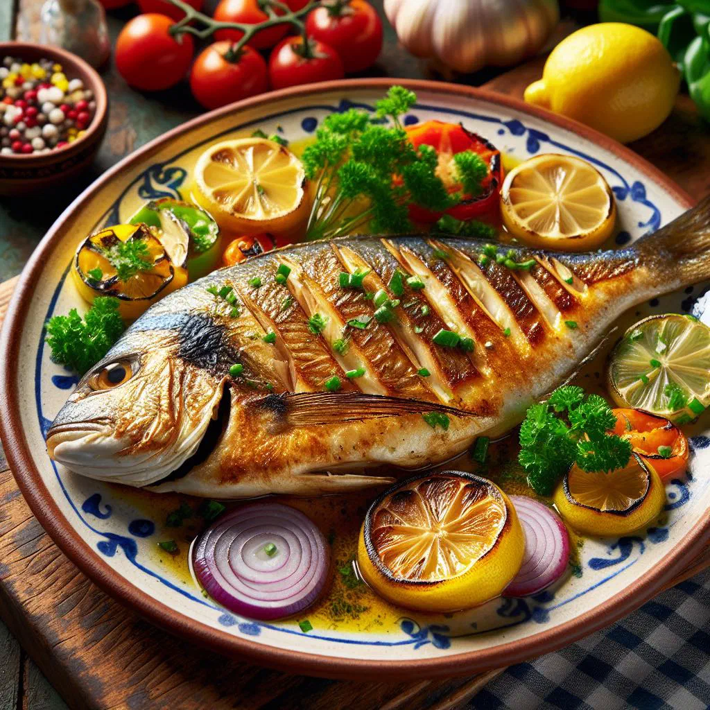 Griddled fish fillet with a citrus marinade, garnished with fresh coriander and lime