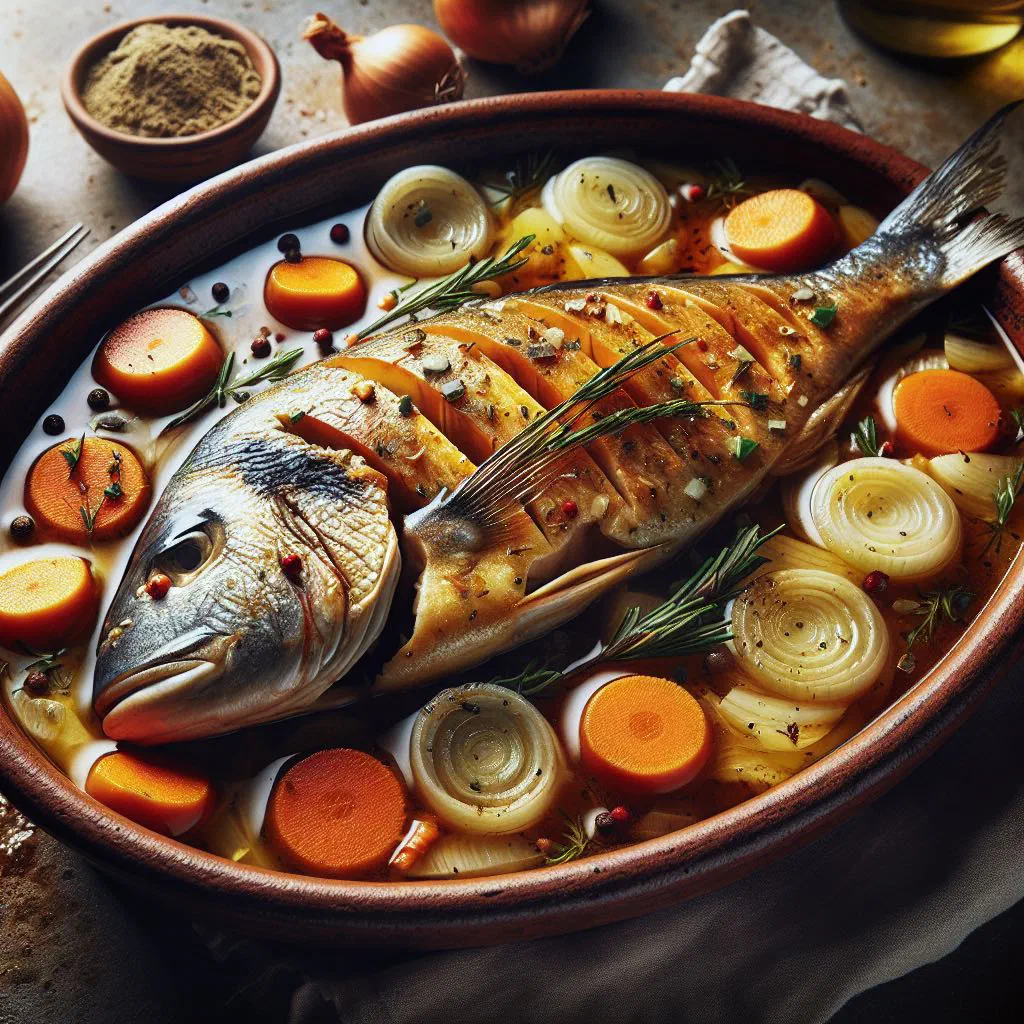 Cuban pescado en escabeche with fish in a vinegar marinade with onions and carrots