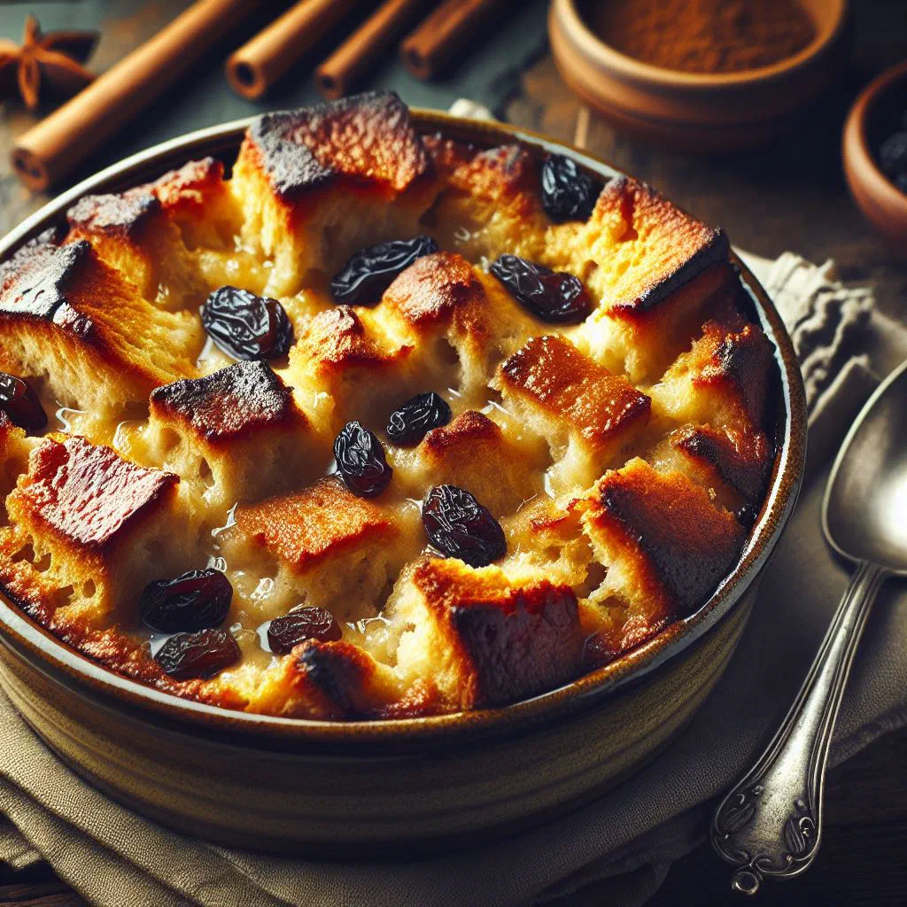 A slice of golden Cuban bread pudding dusted with cinnamon