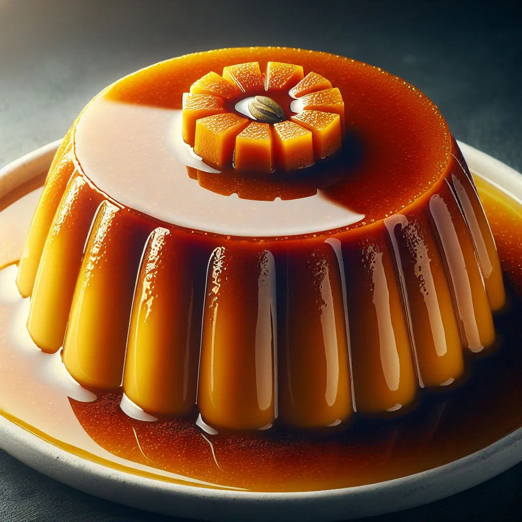 Golden pumpkin flan topped with caramel on a serving plate