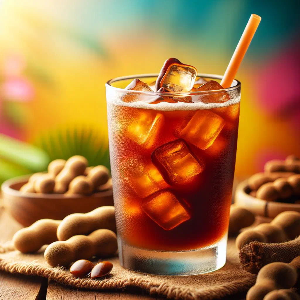 A glass of chilled tamarind refresco garnished with lime and ice