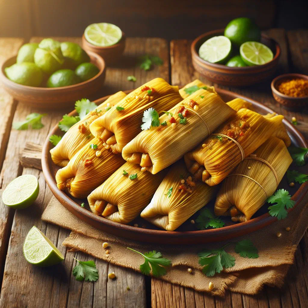 Steamed Cuban tamales wrapped in corn husks on a plate