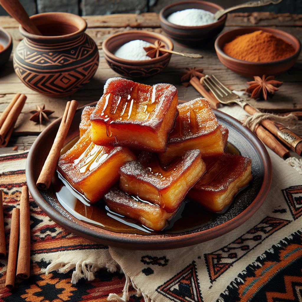 Golden fried torrejas dusted with cinnamon sugar and drizzled with syrup