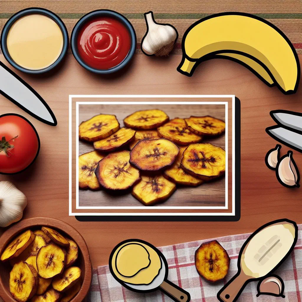 Golden, twice-fried green plantain tostones on a plate with garlic dip
