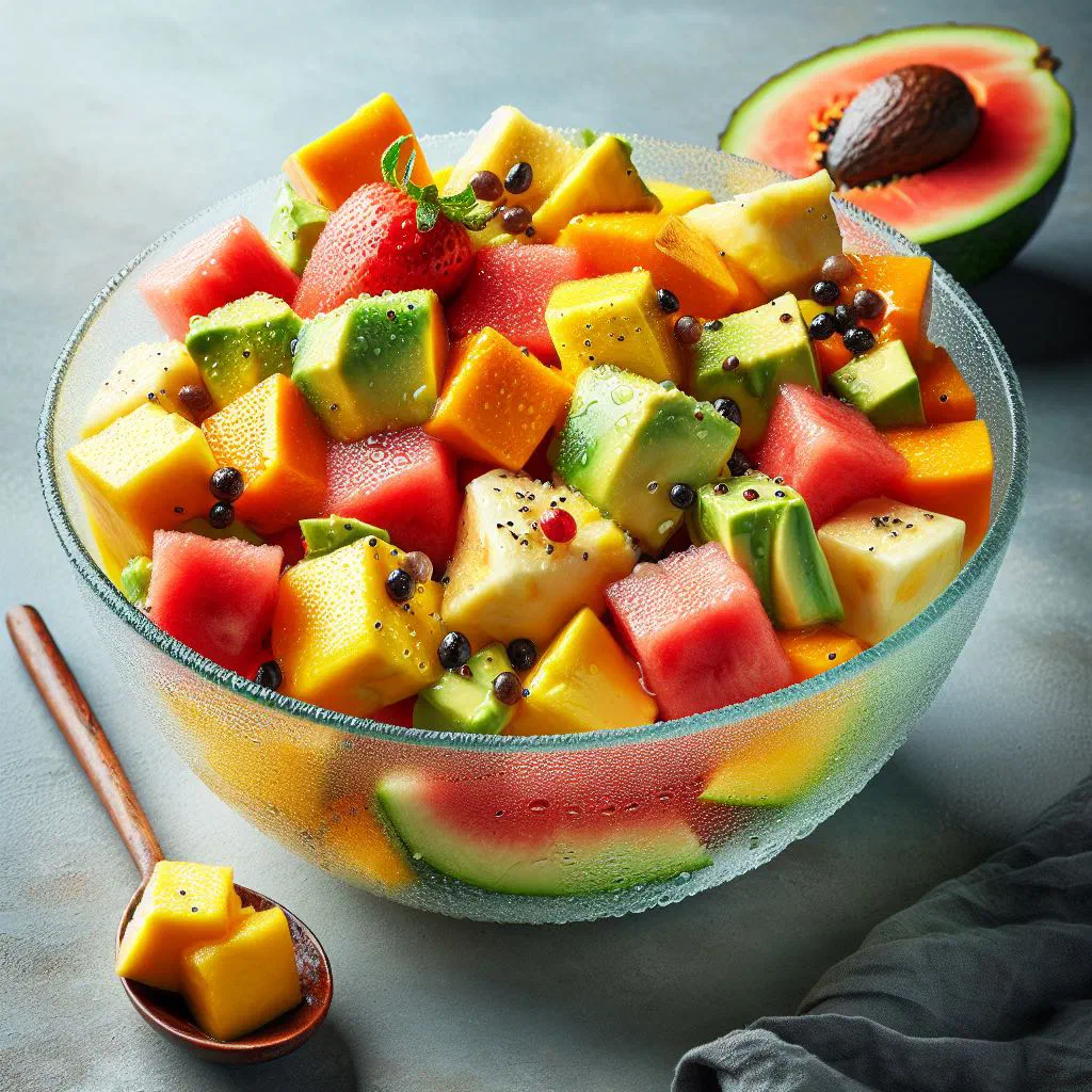 Colourful bowl of diced tropical fruit garnished with fresh mint