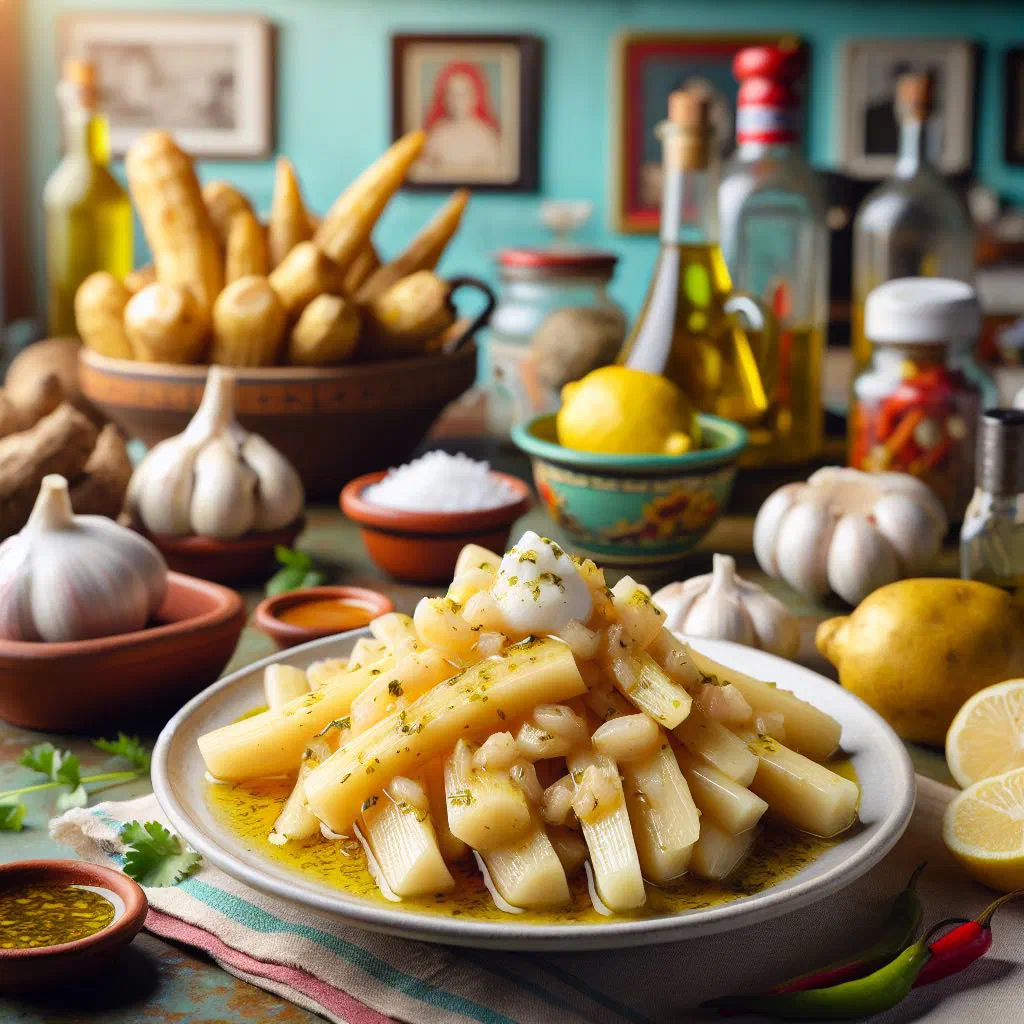 Boiled yuca topped with garlic and citrus mojo sauce