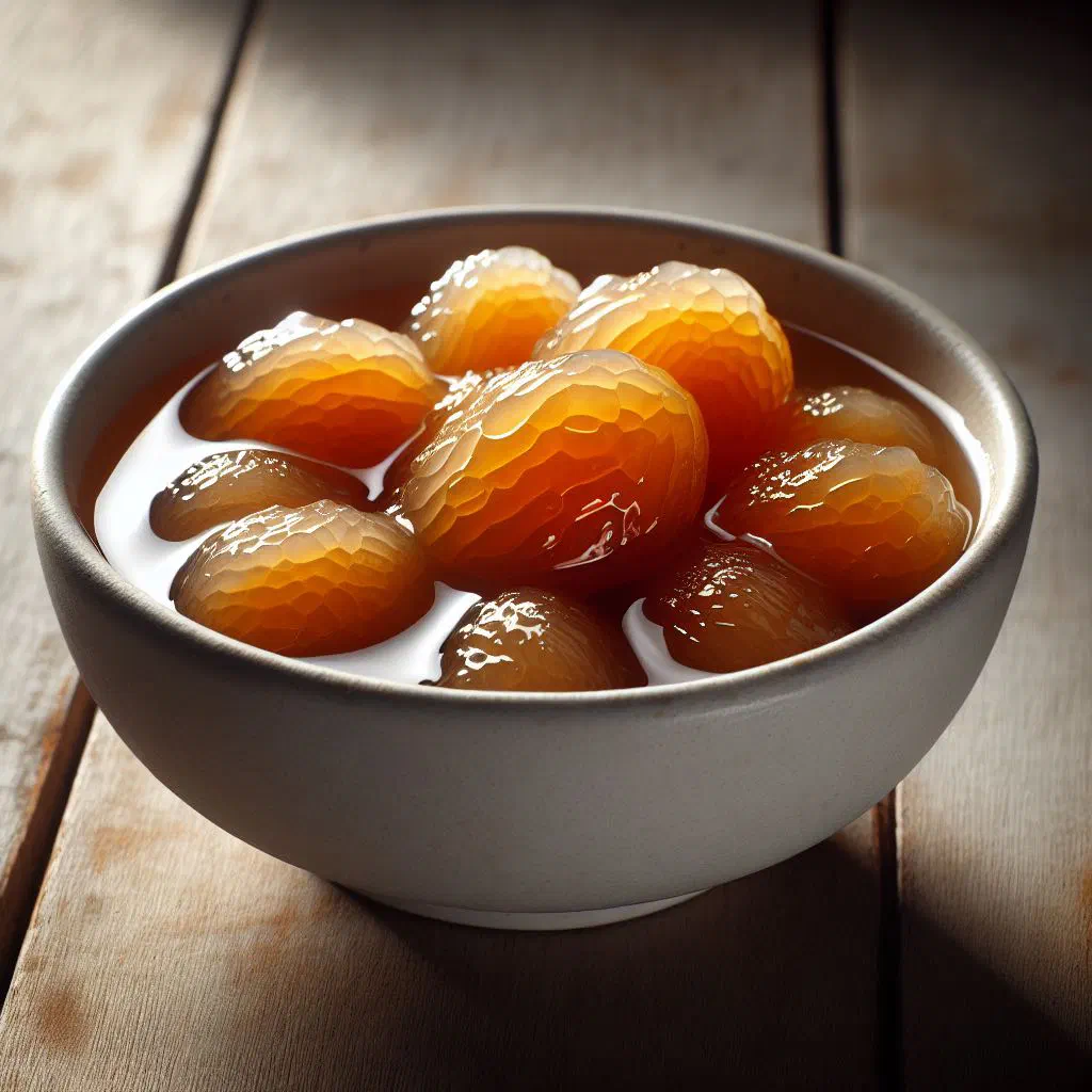 Zapote pieces bathed in glossy cinnamon sugar syrup in a bowl