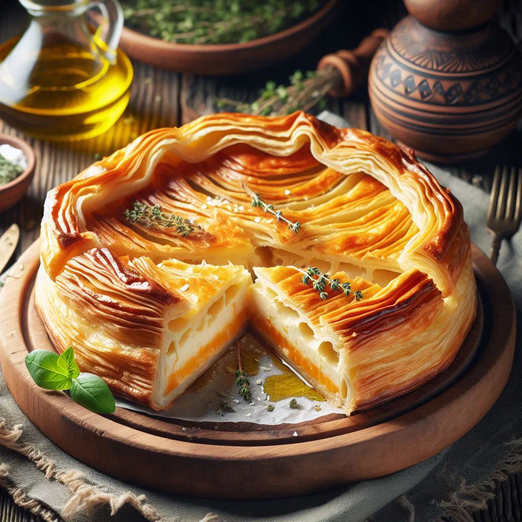 Golden baked anari cheese pie dusted with icing sugar