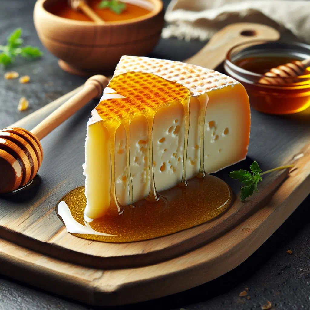 Slices of fresh anari cheese drizzled with honey and scattered with nuts