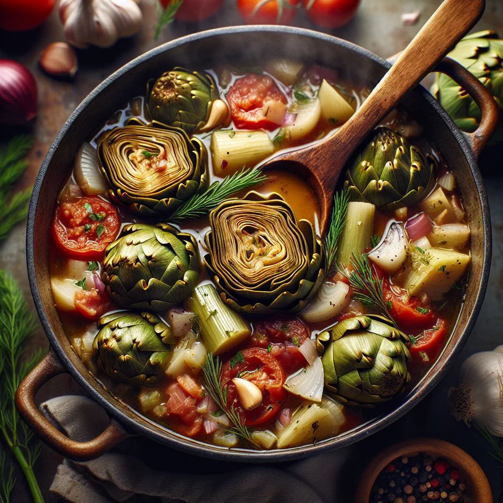 Rustic Cypriot artichoke stew with carrots and potatoes in a bowl