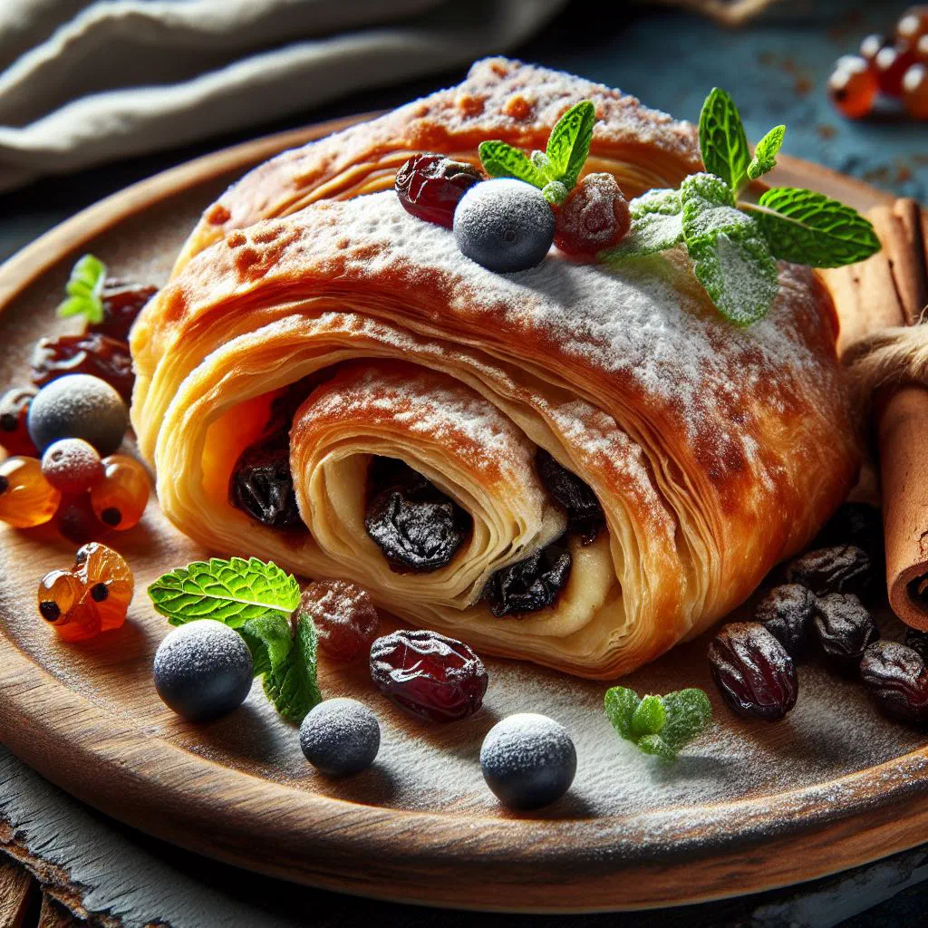 Golden Cypriot bourekia pastries dusted with icing sugar and cinnamon