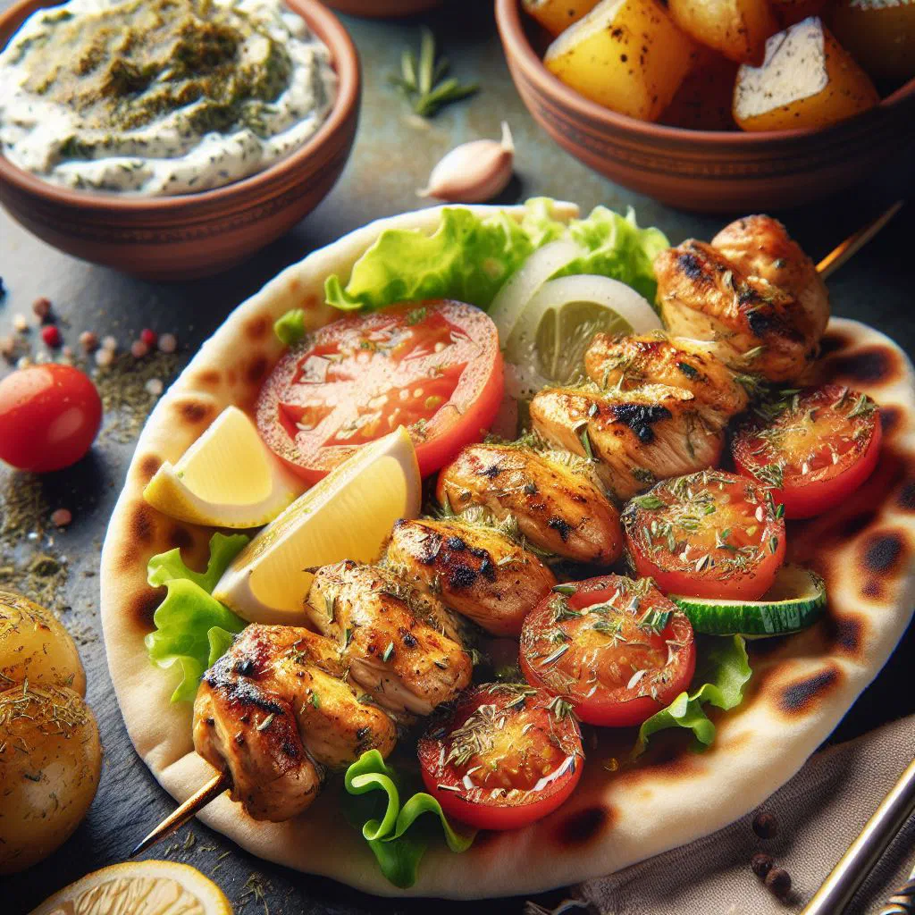 Skewers of marinated chicken souvla grilled over charcoal