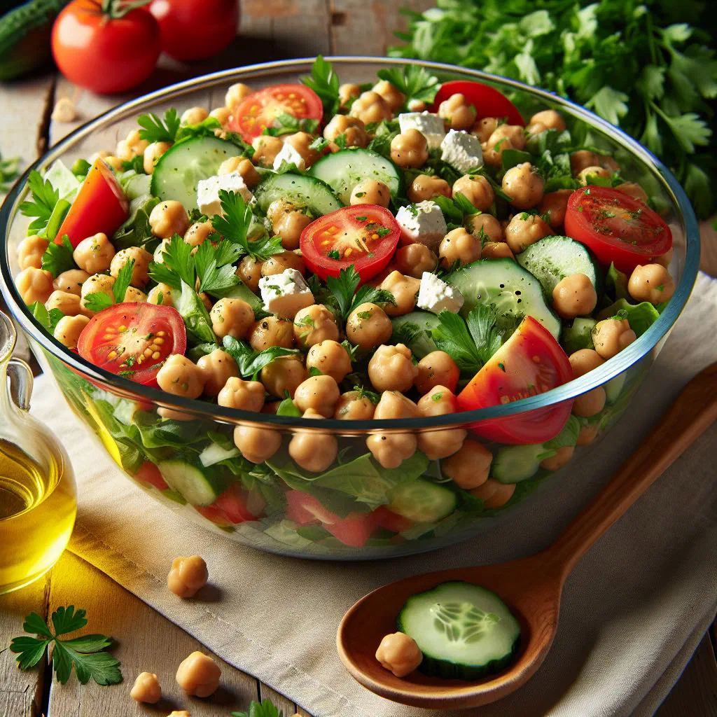 Cypriot chickpea salad with cherry tomatoes, cucumber and parsley in a bowl