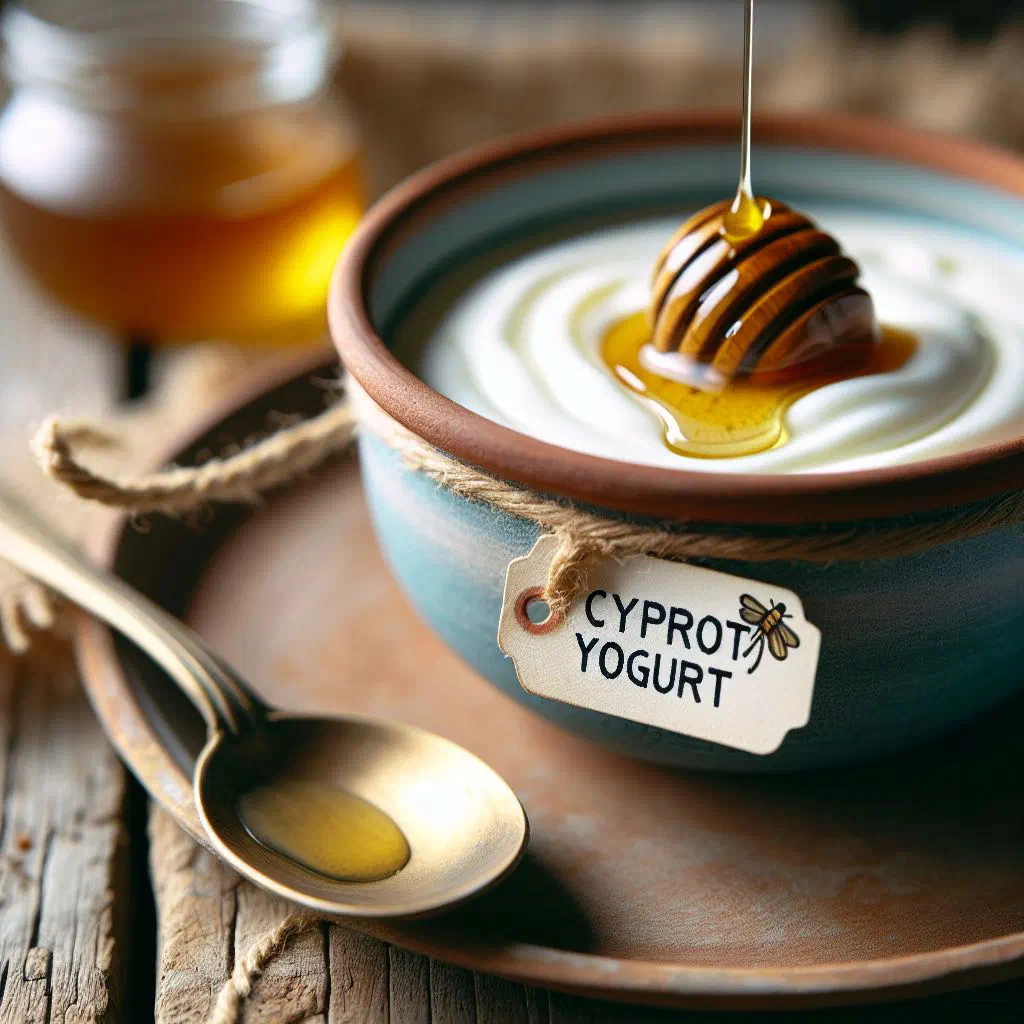 Bowl of creamy Cypriot yogurt topped with honey and nuts