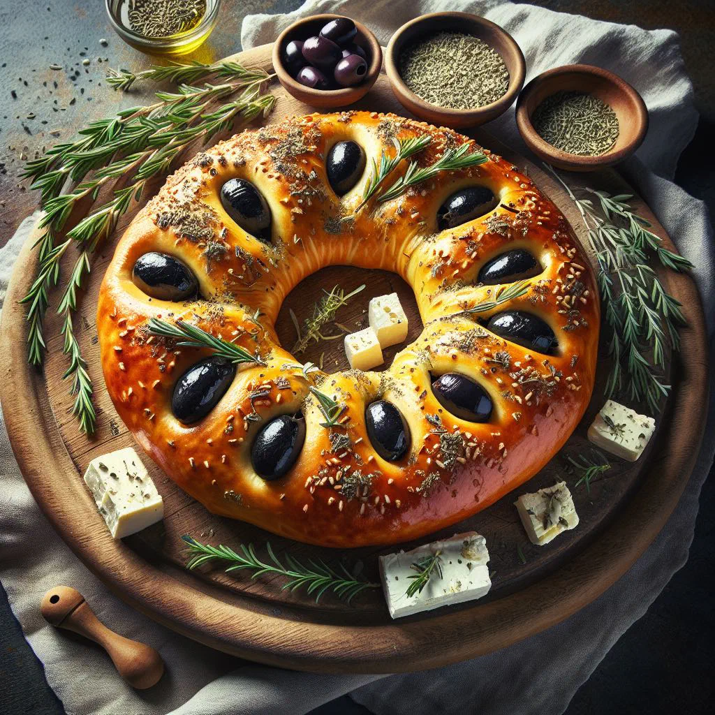 Golden Cypriot eliopita olive pastries garnished with fresh herbs
