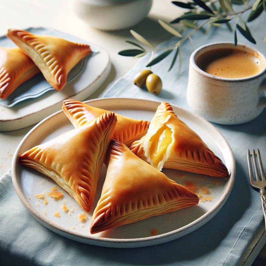 Golden baked Cypriot eliopitakia olive pastries on a wooden board