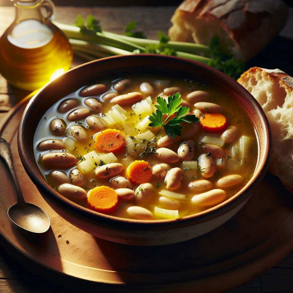 Bowl of Cypriot fasolada white bean soup garnished with fresh parsley