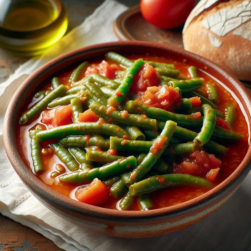 Green beans braised in a tomato and olive oil sauce, garnished with fresh herbs