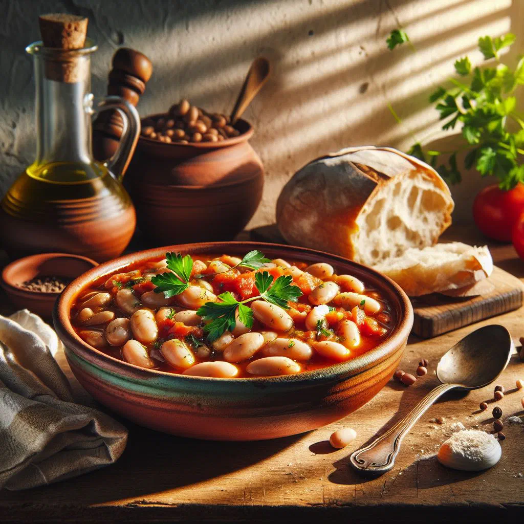 A bowl of Fasolia Yiachni green bean stew in tomato sauce