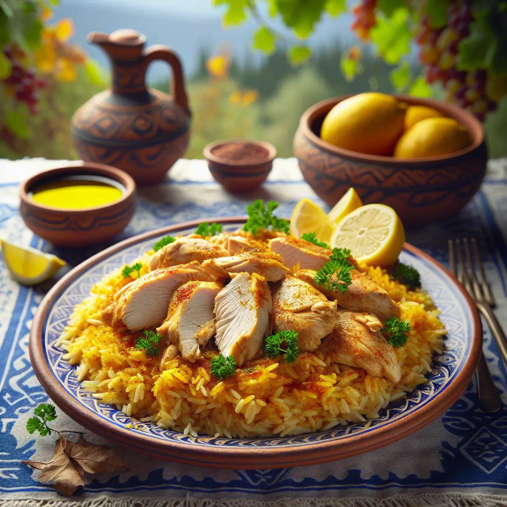 Bowl of Cypriot gamopilafo with tender meat and lemon-scented rice