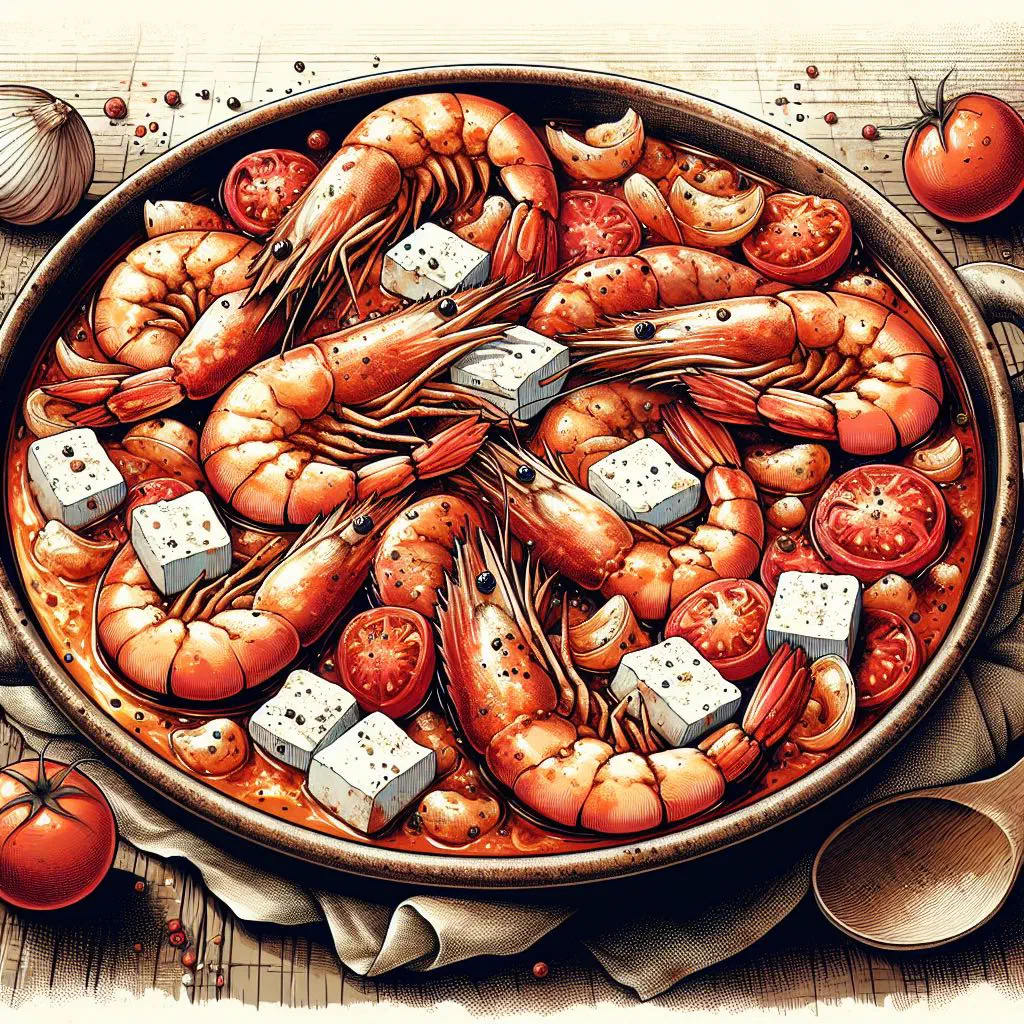 Garides saganaki with prawns, melted feta and tomato sauce in a pan