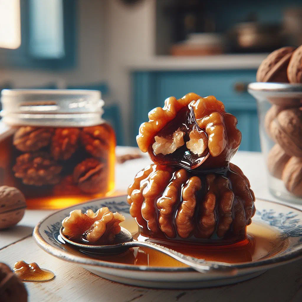 Whole walnuts preserved in dark syrup, served in a small glass dish