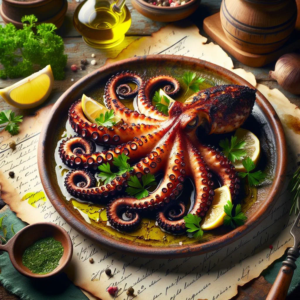 Charred grilled octopus tentacles with lemon, oregano and fresh parsley