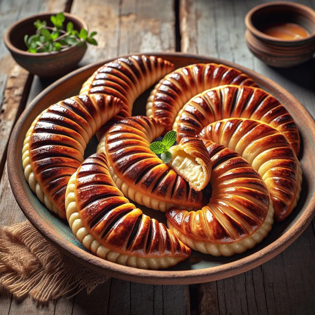 Golden fried Kalitsounia pastries filled with cheese and herbs