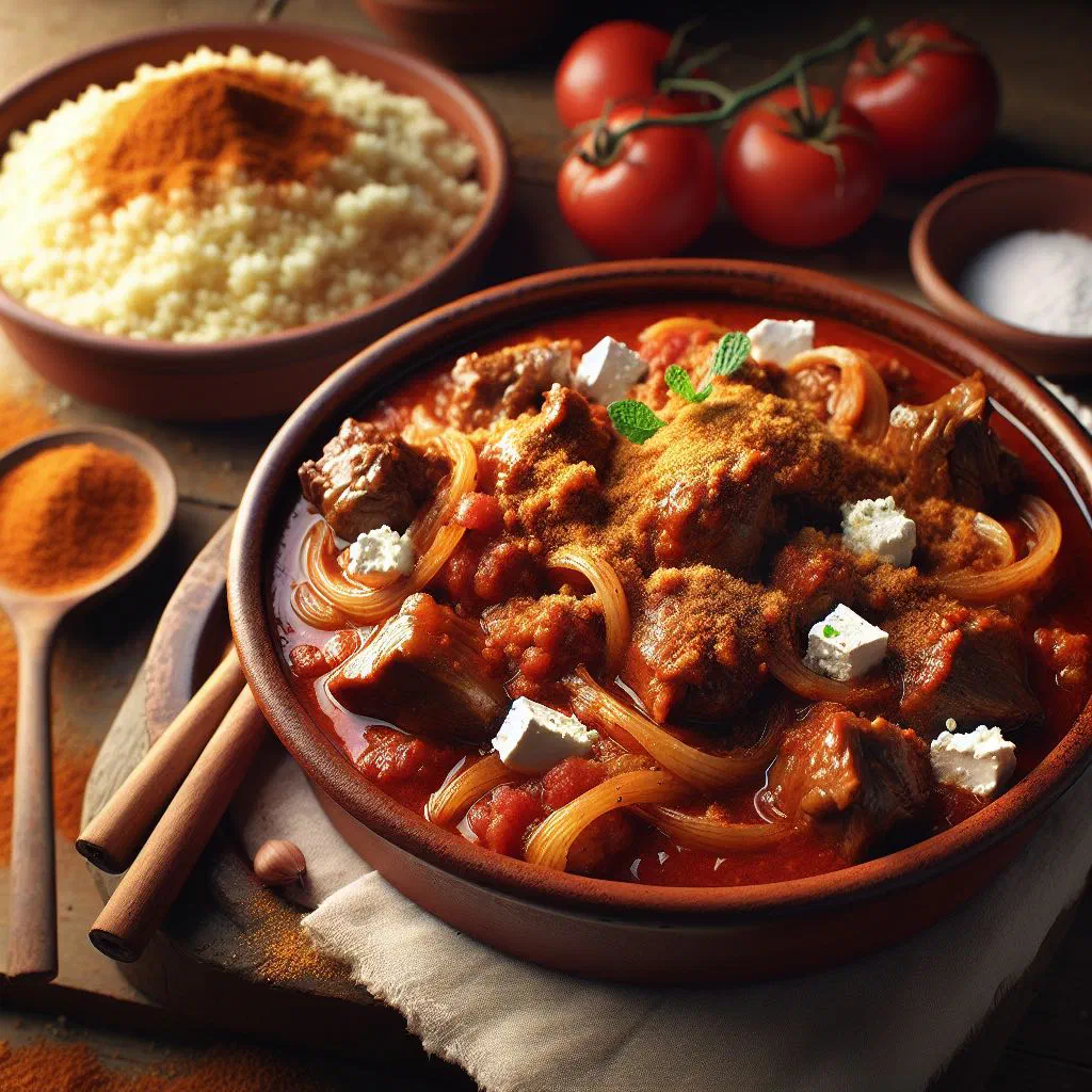 A rustic bowl of Cypriot kapamas stew garnished with fresh parsley