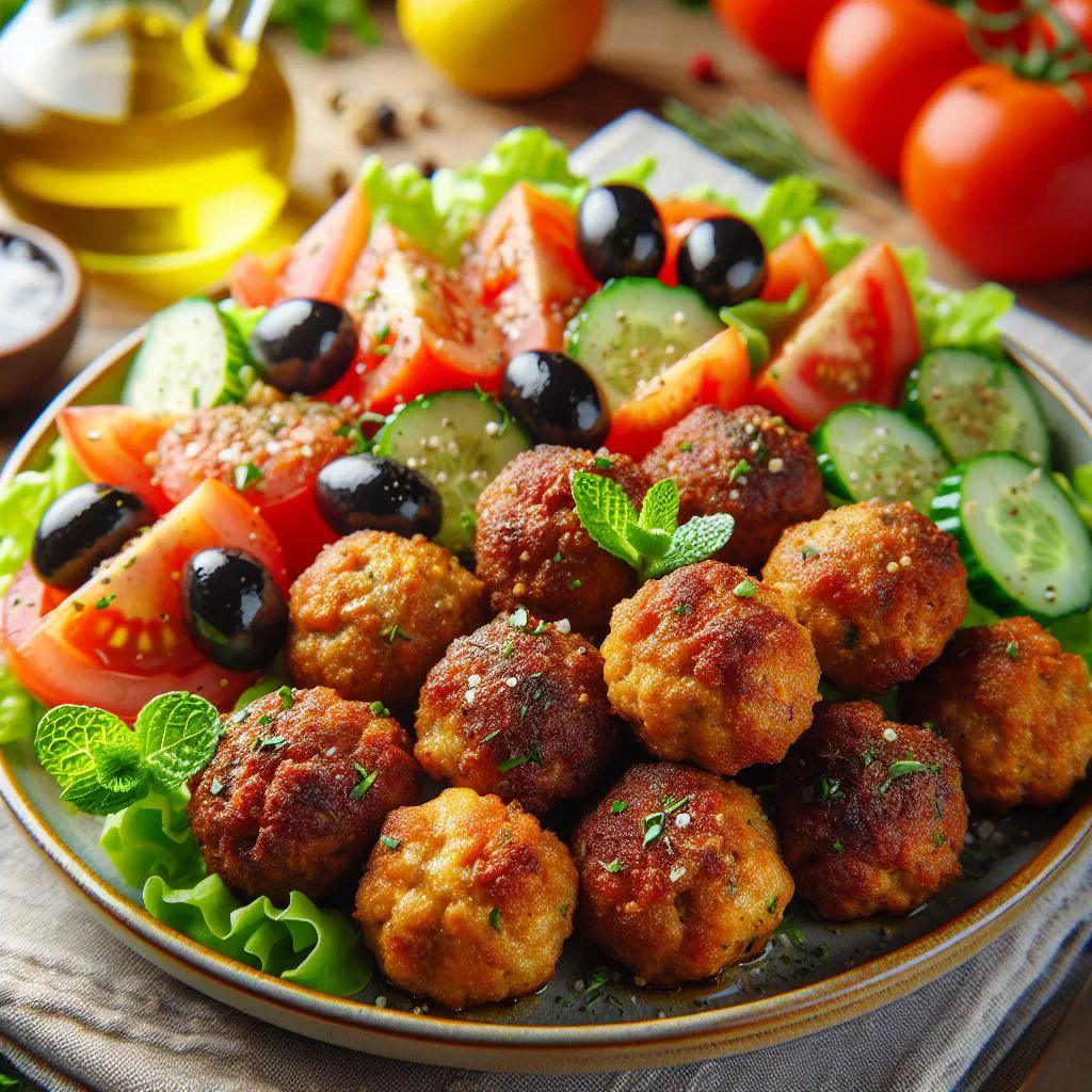 Golden-fried Cypriot keftedes meatballs garnished with fresh herbs